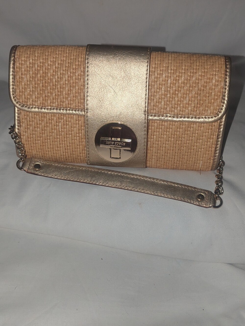 Kate Spade Natural Woven Straw Clutch Shoulder Bag with Metallic Gold Accent